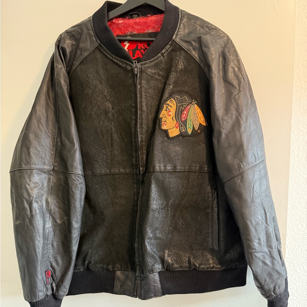 Vintage 90’s Chicago Blackhawks Black Bomber Jacket with Embroidery